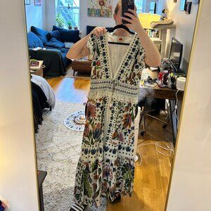 Farm Rio White Summer Garden Maxi Dress L Embroidered Floral Resort Vacation Boh
